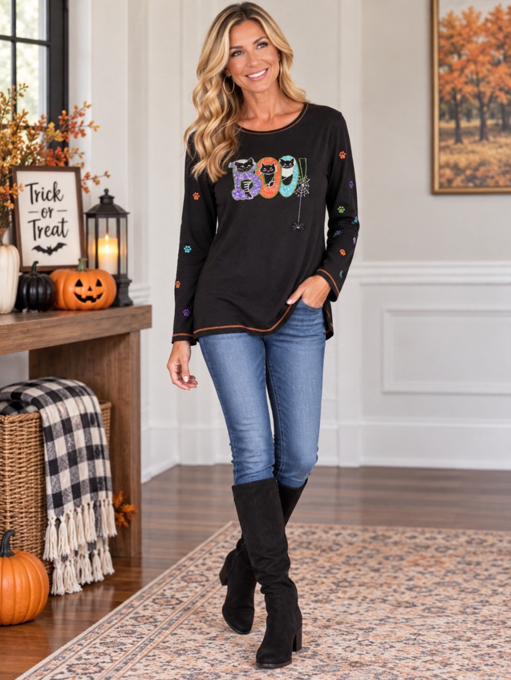 REFERENCE POINT NEW YORK 🎃Black Halloween Long-Sleeve 👻“BOO” Top Size: Medium